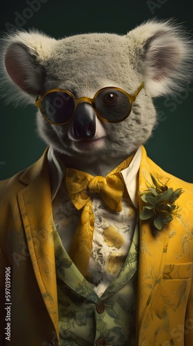 Koala in a gold suit with glasses and tie -- Generative AI © Hans