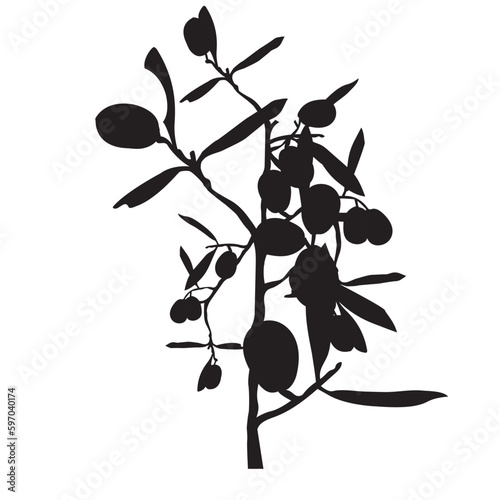 Silhouette of a branch with berries and leaves.
