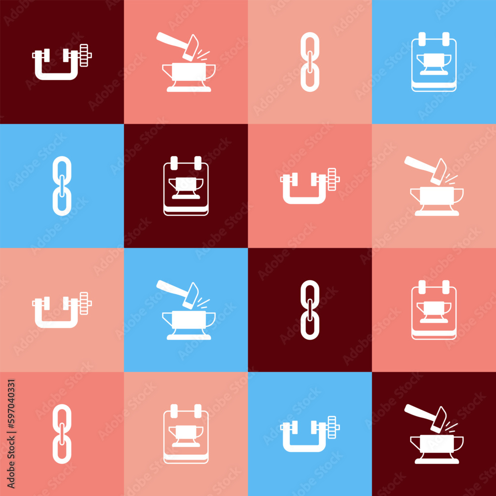 Set pop art Clamp and screw tool, Anvil hammer, Chain link and Blacksmith anvil icon. Vector