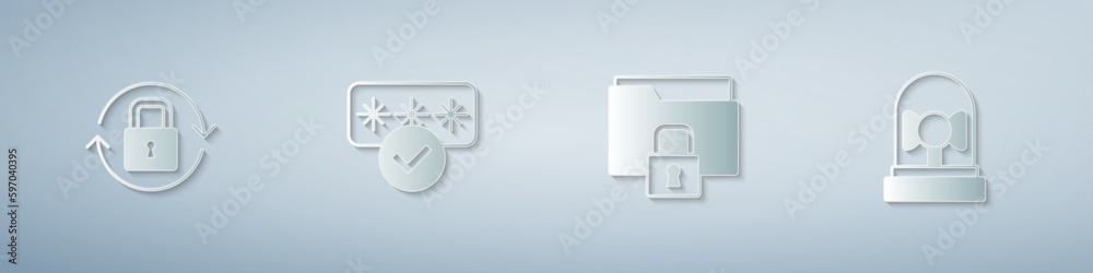 Set Lock, Password protection, Folder and lock and Ringing alarm bell. Paper art style. Vector
