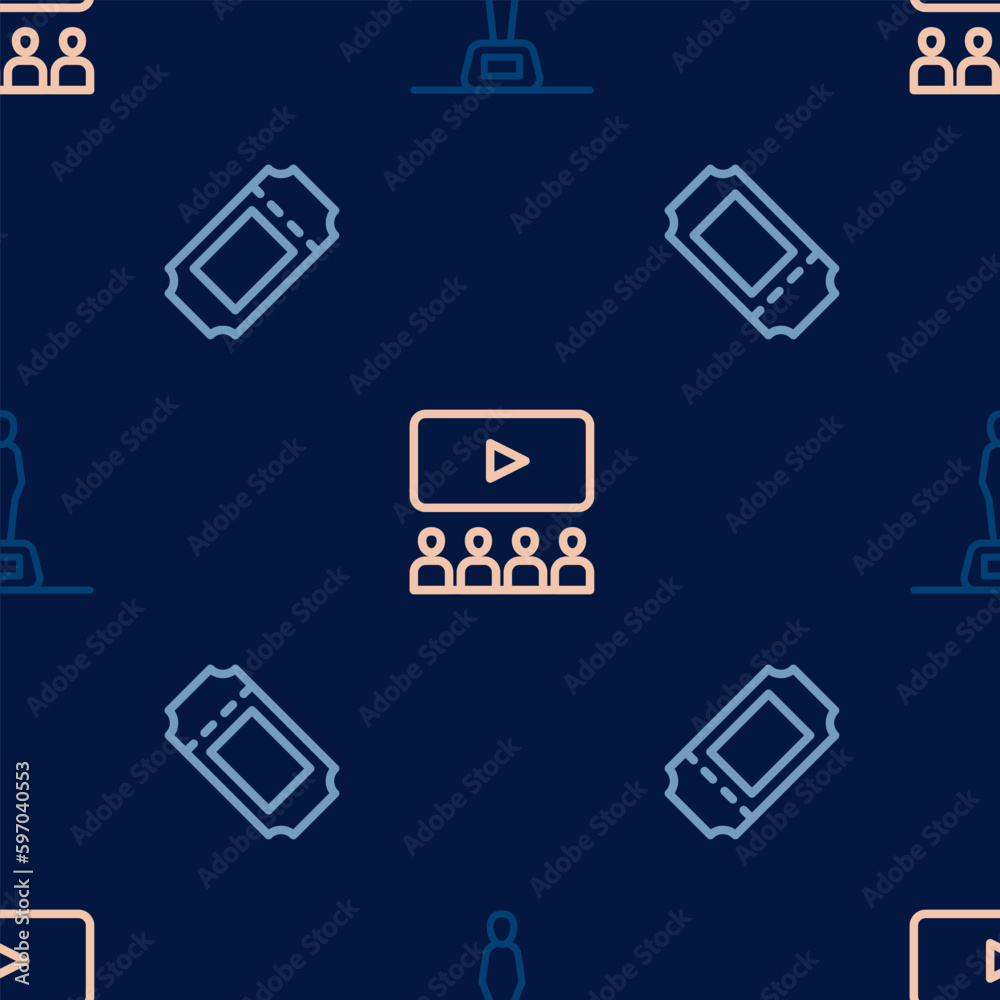 Set line Movie trophy, Cinema ticket and auditorium with screen on seamless pattern. Vector Set line Movie trophy, Cinema ticket and auditorium with screen on seamless pattern. Vector