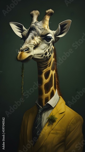 Giraffe in a black suit with glasses and tie -- Generative AI © Hans