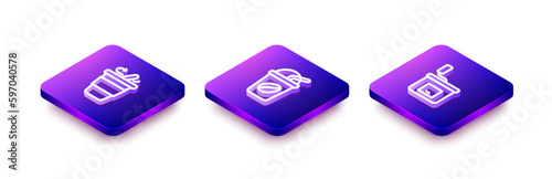 Set Isometric line Coffee cup to go, Iced coffee and Manual grinder icon. Vector