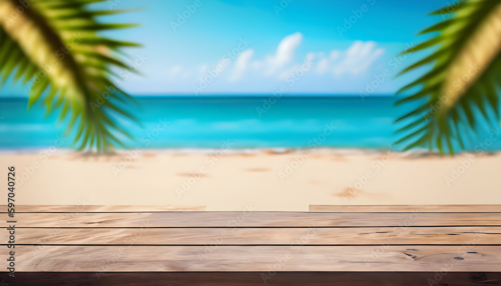 Empty wooden table on a beautiful blured tropical beach background, Summer holiday background for product display , Ai generated Empty wooden table on a beautiful blured tropical beach background, Summer holiday background for product display , Ai generated