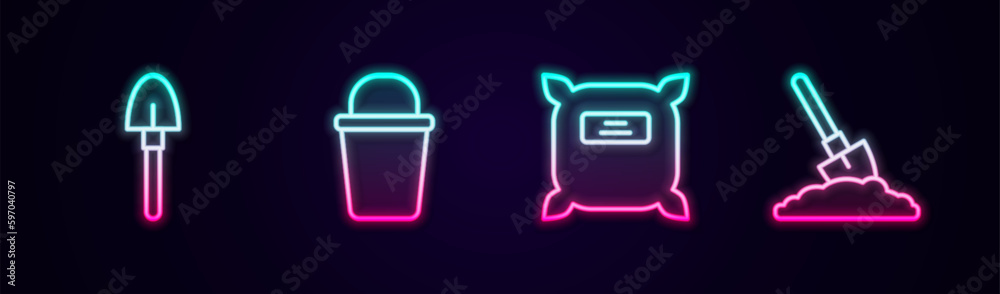 Set line Shovel, Bucket, Pack full of seeds and in the ground. Glowing neon icon. Vector Set line Shovel, Bucket, Pack full of seeds and in the ground. Glowing neon icon. Vector