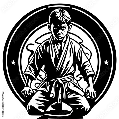 Karate kid emblem logo in black and white, vector illustration of a martial artist © Farukh