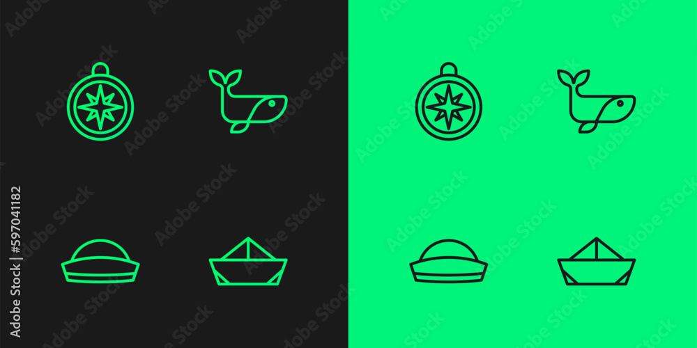 Set line Folded paper boat, Sailor hat, Compass and Whale icon. Vector Set line Folded paper boat, Sailor hat, Compass and Whale icon. Vector