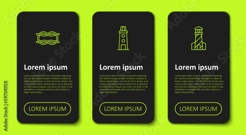 Set line Nautical rope knots, Lighthouse and . Business infographic template. Vector