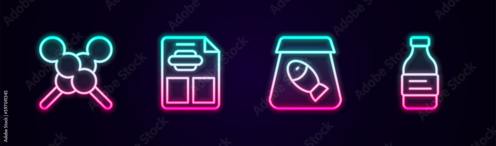 Set line Meatballs on wooden stick, Restaurant cafe menu, Online ordering fish and Bottle of water. Glowing neon icon. Vector Set line Meatballs on wooden stick, Restaurant cafe menu, Online ordering fish and Bottle of water. Glowing neon icon. Vector