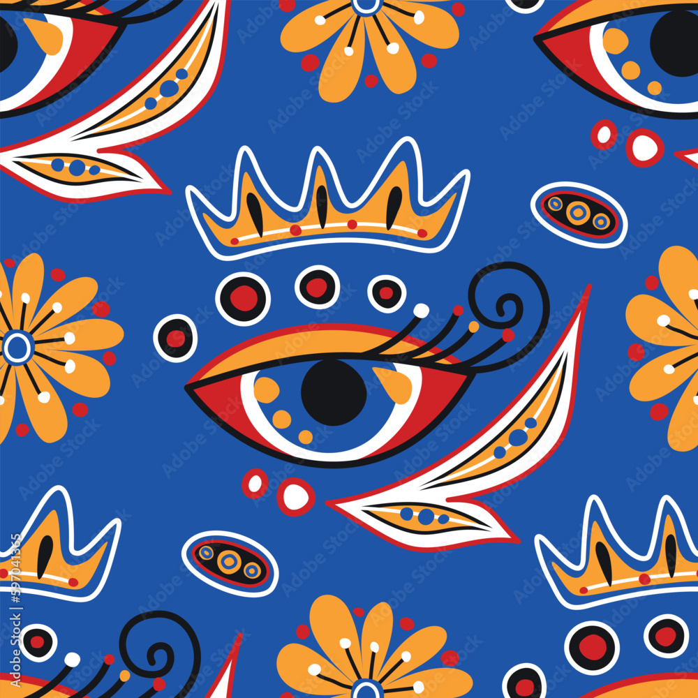 Folkloric Seamless Pattern with   Mystical Eye and Crown, Nature Inspired Design Element. Ornate Abstract Floral Pattern. Endless Texture for Fabric, Wallpaper etc. Vector Illustration