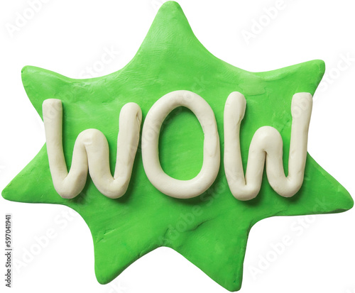 Wow. Handmade plasticine lettering on green speech bubble. Modelling clay.