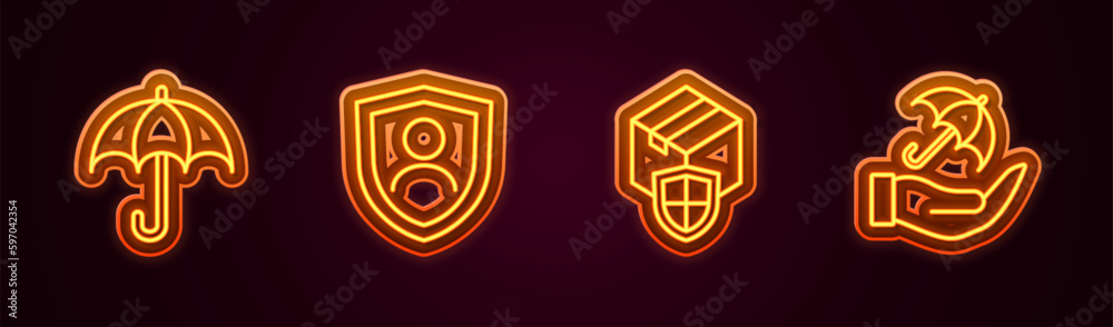 Set line Umbrella, Life insurance with shield, Delivery security and hand. Glowing neon icon. Vector Set line Umbrella, Life insurance with shield, Delivery security and hand. Glowing neon icon. Vector