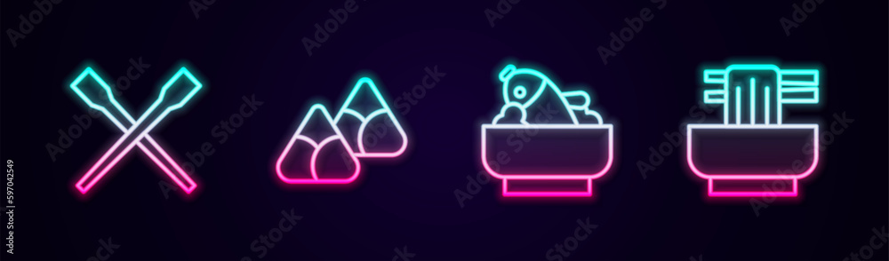 Set line Food chopsticks, Zongzi in bamboo steamer, Rice with fish bowl and Asian noodles. Glowing neon icon. Vector Set line Food chopsticks, Zongzi in bamboo steamer, Rice with fish bowl and Asian noodles. Glowing neon icon. Vector