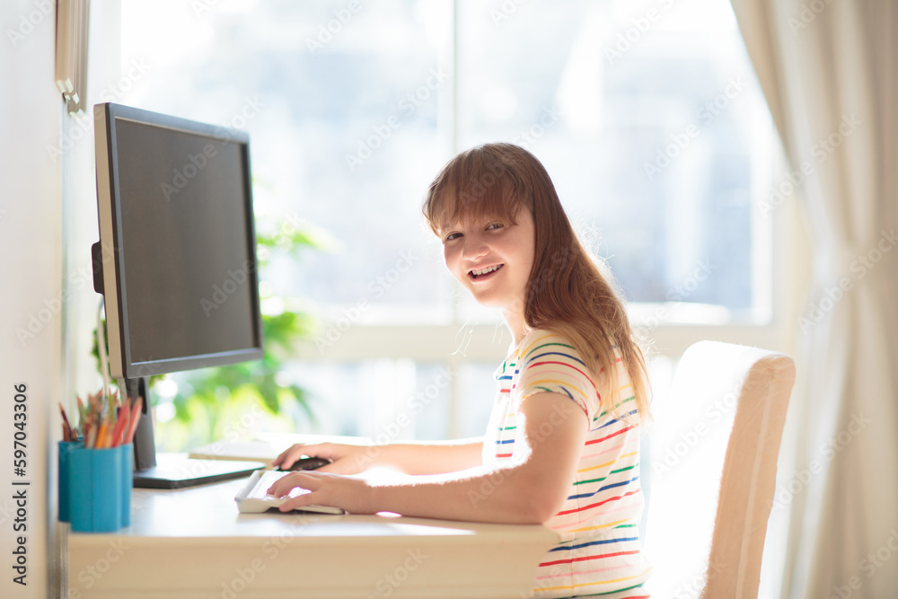 Child doing homework on computer. Online class. Child doing homework on computer. Online class.
