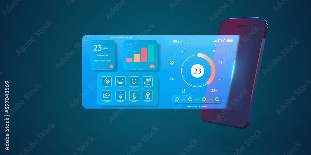 3D Realistic Smart remote home control system app. Living room interior in background.
3D Realistic Smart remote home control system app. Living room interior in background.