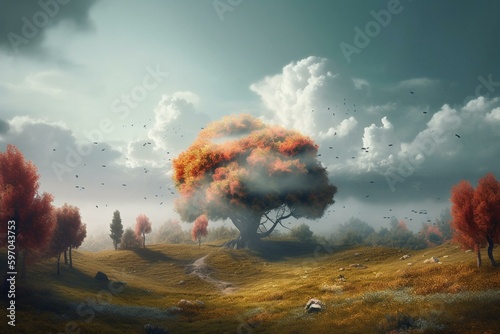 Illustration of changing scenery with clouds and trees. Generative AI