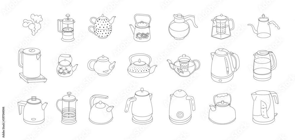 Set of 20 kettles, teapots and coffee pots. A device for boiling water and keeping beverages warm. Vector illustration. Isolated object on white background. Set of 20 kettles, teapots and coffee pots. A device for boiling water and keeping beverages warm. Vector illustration. Isolated object on white background.