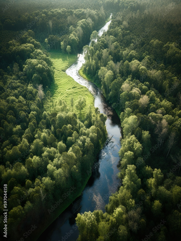 Aerial view of green grass forest with tall pine trees and blue bendy river flowing through the forest Aerial view of green grass forest with tall pine trees and blue bendy river flowing through the forest