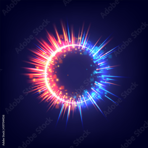 Glowing swirl light effect. Futuristic flame swirl universe trail effect. Magic frame ring. Power energy of circular element. Luminous sci-fi. Shining blue and red neon lights cosmic