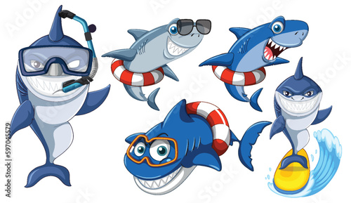 Shark Doing Different Activities Cartoon Characters