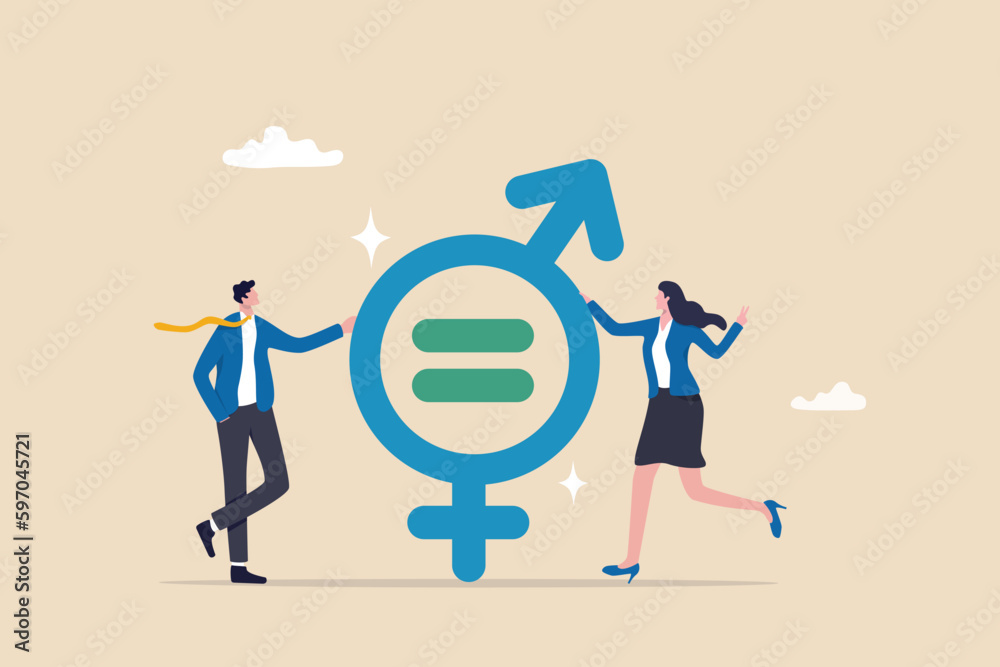 Gender equality, man and woman equal, balance and diversity in workplace, female and male employee having equal opportunity concept, businessman and woman holding gender equality symbolic. Gender equality, man and woman equal, balance and diversity in workplace, female and male employee having equal opportunity concept, businessman and woman holding gender equality symbolic.