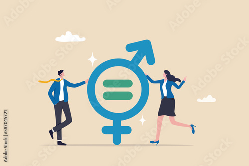 Gender equality, man and woman equal, balance and diversity in workplace, female and male employee having equal opportunity concept, businessman and woman holding gender equality symbolic.