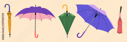 Set of umbrellas. Opened, closed and folded umbrellas or parasols. Accessories for rainy weather. Hand drawn vector illustration isolated on light background, modern flat cartoon style.