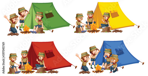 Set of Children Enjoying Camping