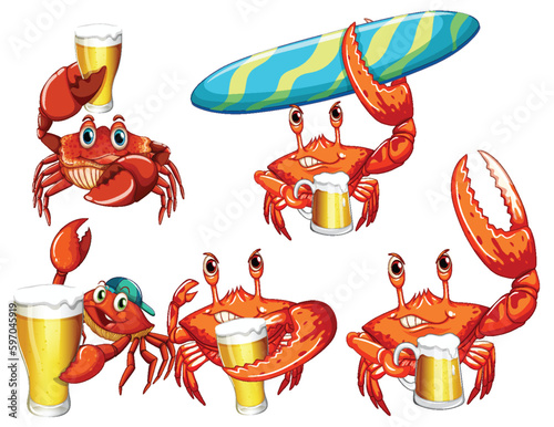 Funny Crab Cartoon Characters in Summer Theme