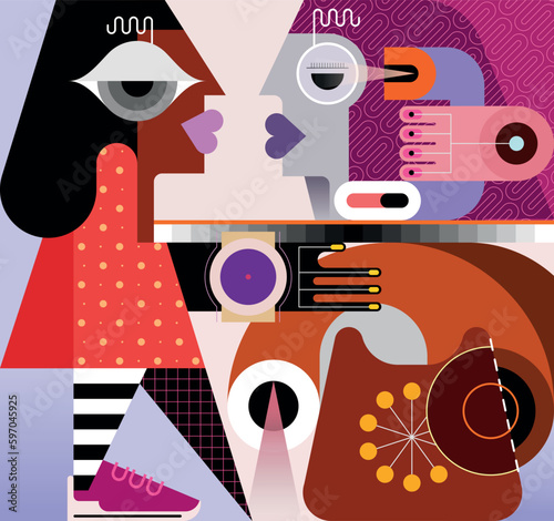 Geometric style vector illustration of two women calling on a retro phone. A full-length woman pulls her hand to a rotary phone, another woman holds a retro phone receiver in her hand and listens. 