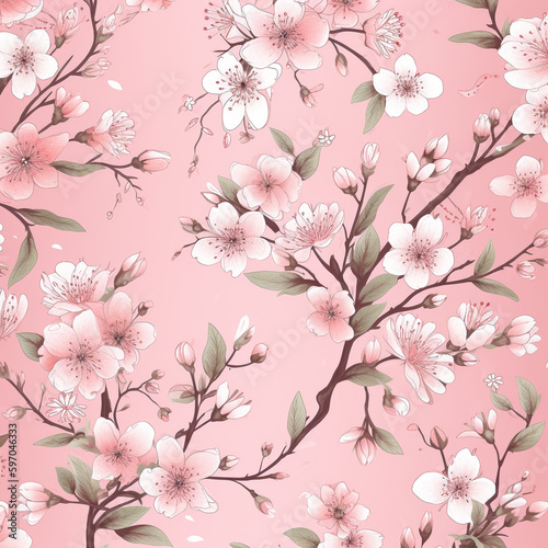 Repeating seamless pattern of delicate cherry blossoms on a soft pink background