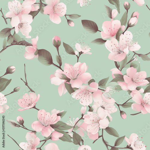Repeating seamless pattern of delicate cherry blossoms on a soft blueish background