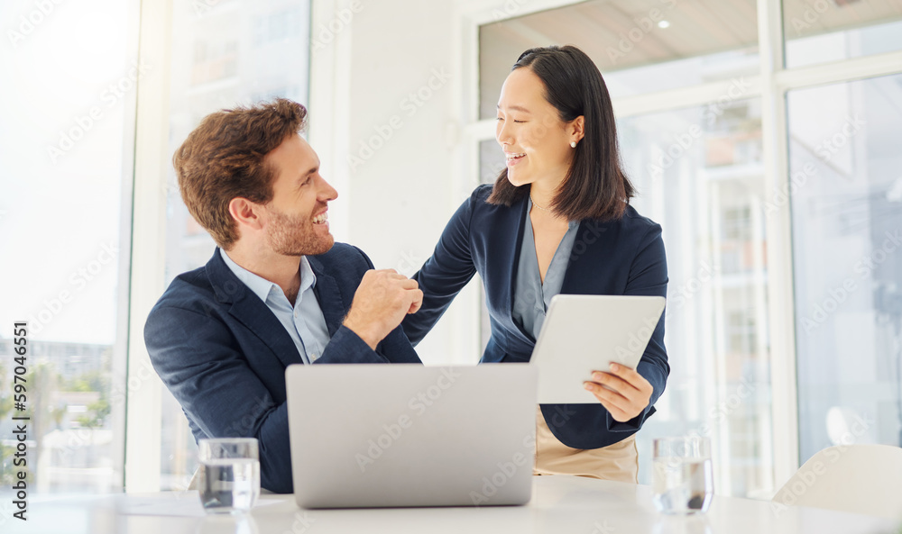 Business people, tablet and planning, teamwork or management for job workflow at online, tech company. Meeting, happy and corporate woman with manager or colleague on digital software and computer Business people, tablet and planning, teamwork or management for job workflow at online, tech company. Meeting, happy and corporate woman with manager or colleague on digital software and computer