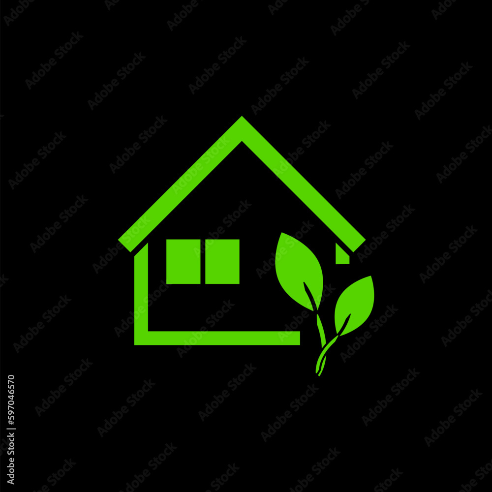 Eco house icon environment home with green leaves sign isolated on black background Eco house icon environment home with green leaves sign isolated on black background