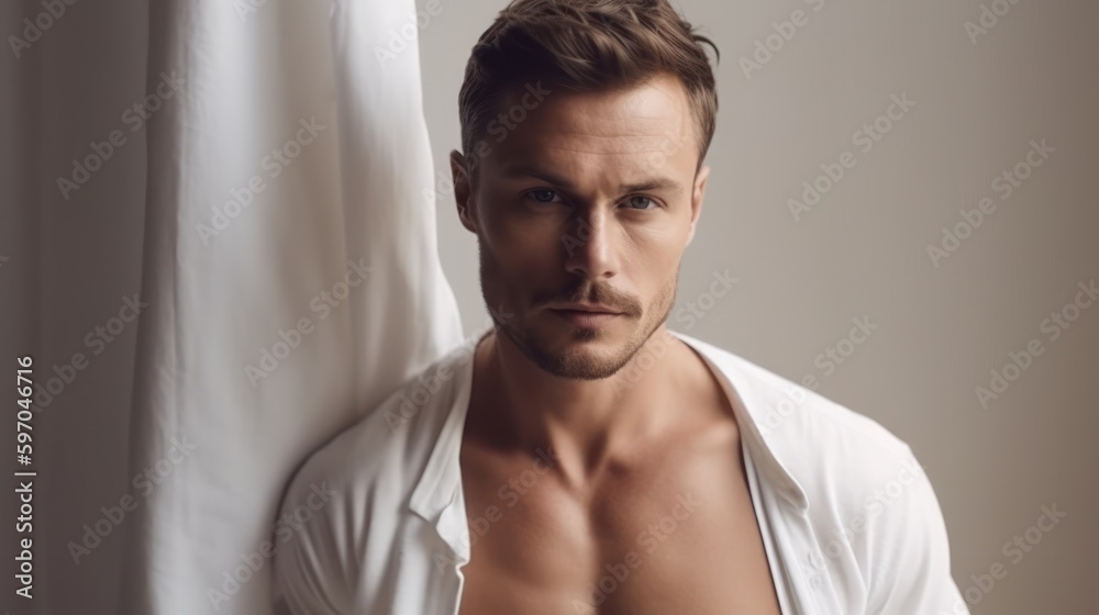 Fototapeta premium Portrait of sporty handsome strong man. Healthy athletic fitness model posing. Confident sexy fashion male with naked torso. 