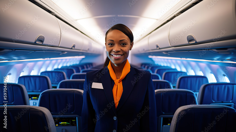 A fictional person. Smiling Stewardess on Airplane A fictional person. Smiling Stewardess on Airplane