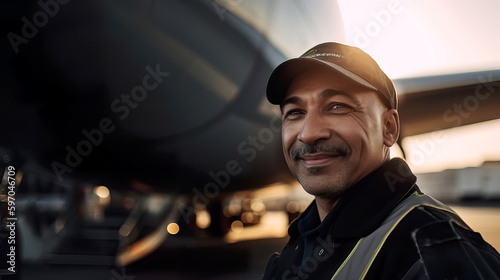 A fictional person. Proud Aviation Mechanic Standing in Front of Commercial Aircraft