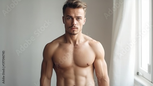Portrait of sporty handsome strong man. Healthy athletic fitness model posing. Confident sexy fashion male with naked torso. 