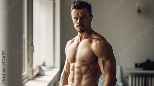 Portrait of sporty handsome strong man. Healthy athletic fitness model posing. Confident sexy fashion male with naked torso. Generative AI