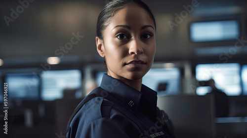 A fictional person. Confident Female Airport Security Officer at Checkpoint
