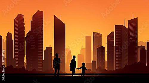 Silhouette of family walking in the city at sunset,watercolor illustration. Generative AI