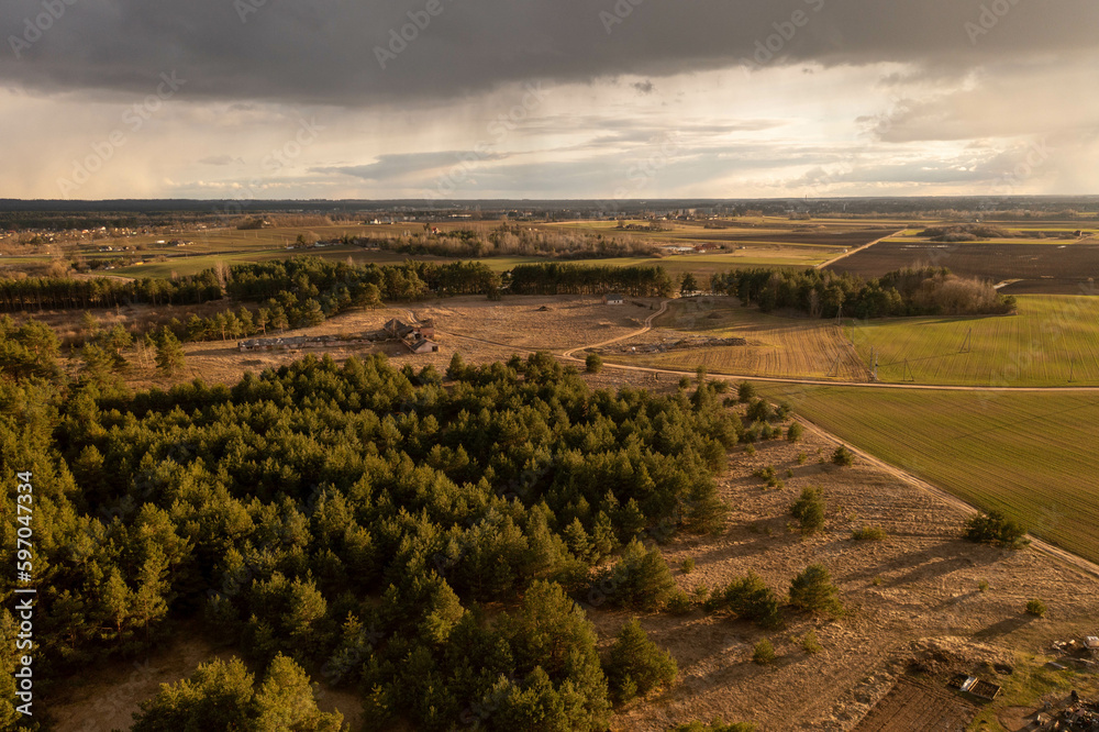 Drone photography of forest, agriculture fields, old farms, meadows, rural landscape