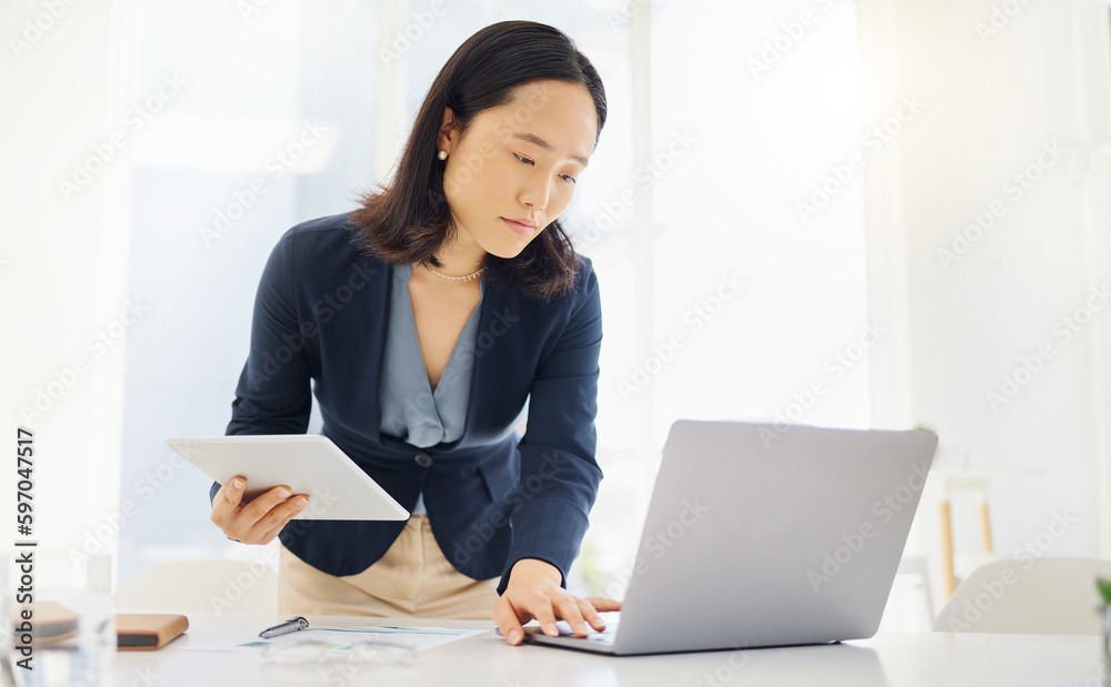Tablet, focus and laptop with business woman in office for planning, online report and email. Technology, communication and connection with asian female employee for corporate, idea and review Tablet, focus and laptop with business woman in office for planning, online report and email. Technology, communication and connection with asian female employee for corporate, idea and review