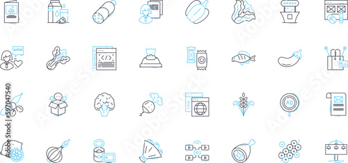 Groceries linear icons set. Produce, Dairy, Bakery, Canned, Meat, Frozen, Snacks line vector and concept signs. Beverages,Spices,Organic outline illustrations Generative AI