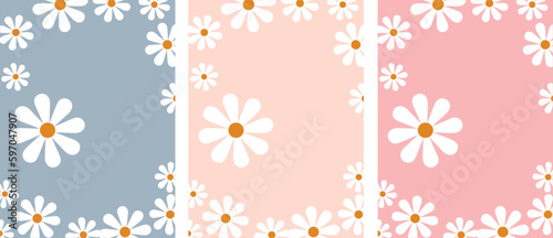 Set of daisy flower buds on pastel  background with blank mockup copy space. Flat lay, top view brand, blog, website, social media template