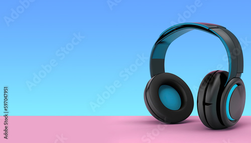 3D Rendering of Standard Black Headphones on Pink and Blue Background with IsolatedCopy Space, Attention-grabbing product advertisement,  marketing, promotion, business, technology, gadgets, photo