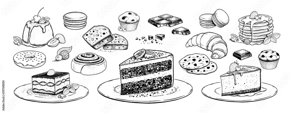 Vector sketchy illustrations set of desserts and sweet food - obrazy, fototapety, plakaty 