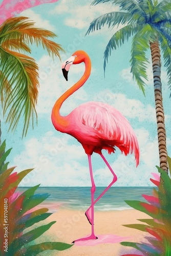 The pink flamingo is standing by a palm tree on tropical beach. Generative ai