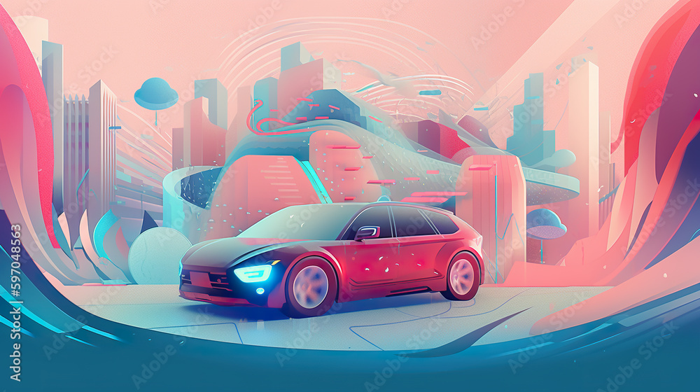 A red car driving through a colorful city. AI generative.