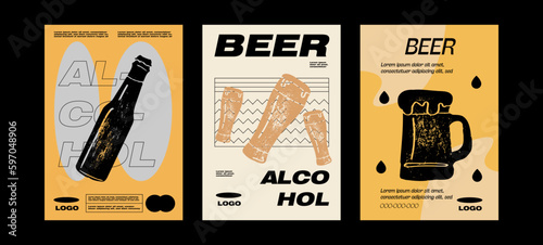 Party poster design. Drinks, Beer. Set of vector illustrations. Typography. Vintage pencil sketch. Engraving style. Labels, cover, t-shirt print, painting.